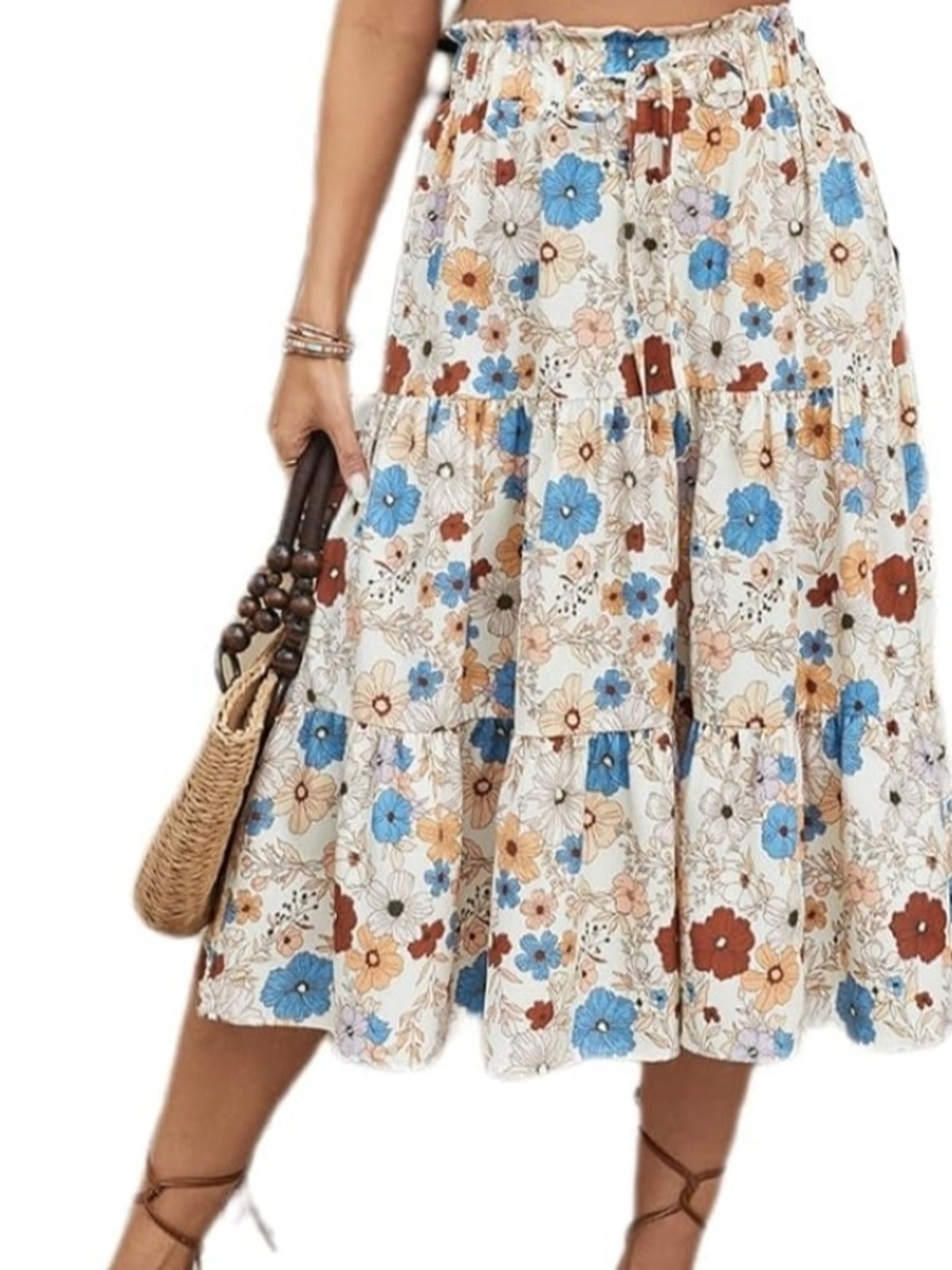 Tiered Floral Midi Skirt in Cream with Blue & Rust Flowers - Picture 4 of 5